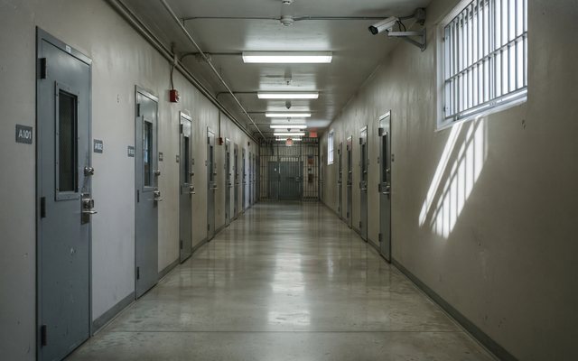 Langer Flur einer Justizvollzugsanstalt mit Gitterschatten