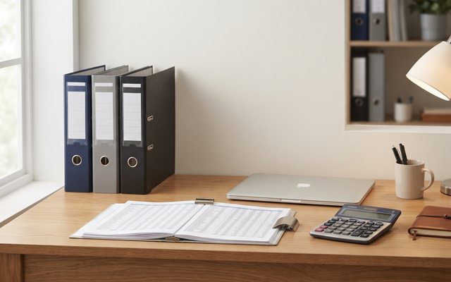 Schreibtisch mit Bilanzordnern, Laptop und Taschenrechner
