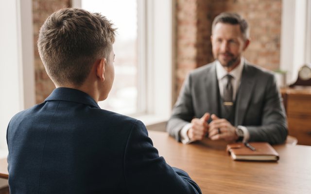 Beratungsgespräch am Besprechungstisch, junge Person von hinten